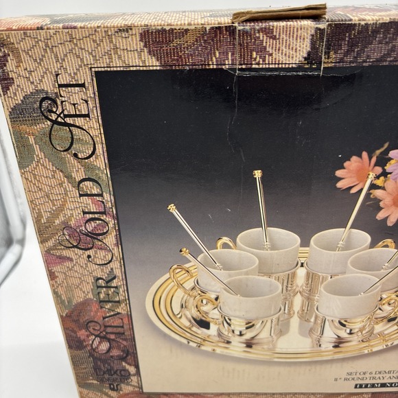 Vintage Davco Silver Gold Set  Set of 6 Demitasse w/11" Round Tray & Spoons New - Picture 2 of 6